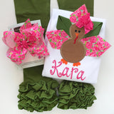Lily Turkey shirt made to match Lily Pulitzer, pink roses ribbon - Darling Little Bow Shop