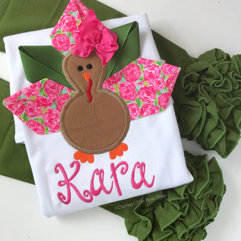 Lily Turkey shirt made to match Lily Pulitzer, pink roses ribbon - Darling Little Bow Shop
