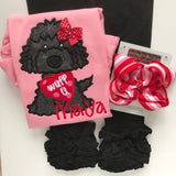 Valentine hairbow, red and pink striped hairbow, double stacked bow with polka dot center - Darling Little Bow Shop