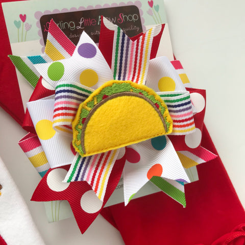 Taco bow, Taco Tuesday Hairbow -- Fiesta hairbow in bright, rainbow colors - Darling Little Bow Shop