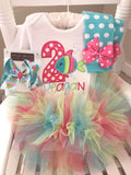 Fish theme Birthday Tutu Outfit O 'Fish' ally Two or One, aquarium theme in pink, aqua, and lime green with tutu, top, leg warmers and bow - Darling Little Bow Shop