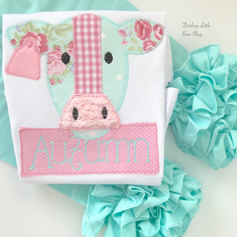 Floral Cow shirt or bodysuit for girls -- sweet floral cow theme shirt for girls in pink and mint - Darling Little Bow Shop