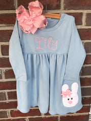 Easter Bunny Dress - blue long sleeve dress in infant and girls sizes