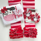 Valentine Bows -- I love Moo --  cow hairbows, Pigtail Bow Set for Valentines Day - Darling Little Bow Shop