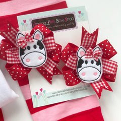 Valentine Bows -- I love Moo --  cow hairbows, Pigtail Bow Set for Valentines Day