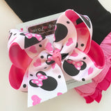 Miss Mouse Bow, pink, hot pink and black with glitter hearts and mouse ears in a large 6-7" bow -- optional headband - Darling Little Bow Shop