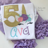 Unicorn Face Birthday Shirt or bodysuit for girls in gold and pink pastel colors - Darling Little Bow Shop