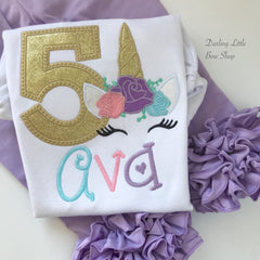 Unicorn Face Birthday Shirt or bodysuit for girls in gold and pink pastel colors