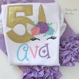 Unicorn Face Birthday Shirt or bodysuit for girls in gold and pink pastel colors - Darling Little Bow Shop