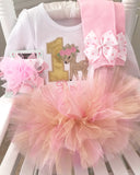 Deer Birthday Tutu Outfit in pink and gold Woodland theme with bodysuit, tutu, leg warmers and bow headband for any age 1 2 3 4 - Darling Little Bow Shop