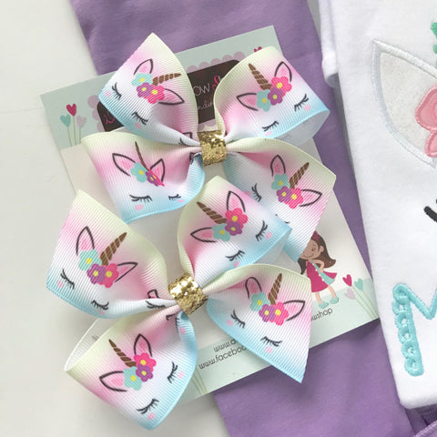 Unicorn Bow, small unicorn hairbow in pastel pink, purple, blue and gold pigtail set option - Darling Little Bow Shop