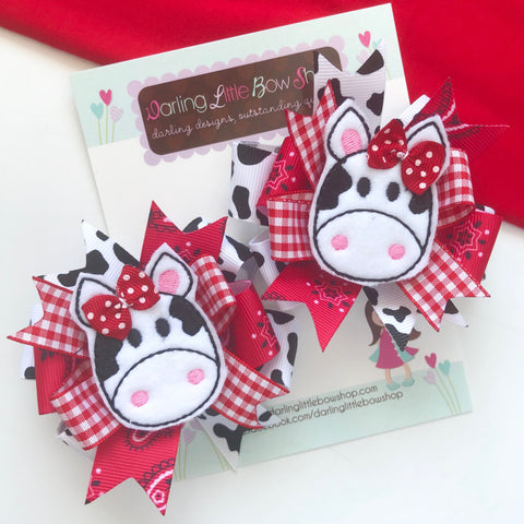 Cow Bows, cow hairbows, Pigtail Bow Set for cow lovers - Darling Little Bow Shop