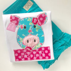 Floral Pig shirt or bodysuit for girls in bright pink and aqua blue