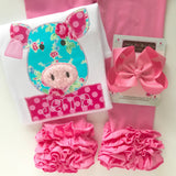 Floral Pig shirt or bodysuit for girls in bright pink and aqua blue - Darling Little Bow Shop