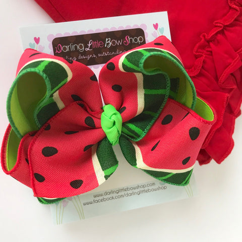 Watermelon bow -- 6" Large hairbow with optional headband -- red and green watermelon-m - Darling Little Bow Shop