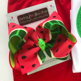 Watermelon bow -- 6" Large hairbow with optional headband -- red and green watermelon-m - Darling Little Bow Shop