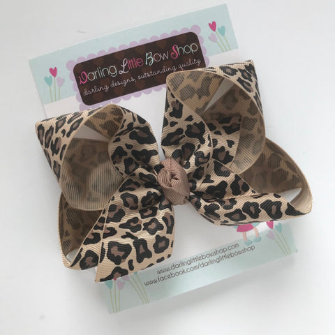 Leopard Bow -- beautiful boutique bow made with leopard print ribbon in tans and browns, choose 3" 4" 5" 6" or 8" bow - Darling Little Bow Shop