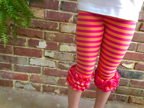 Summer Sherbert Ruffle capris - Orange and Hot Pink striped knit ruffle capris - Darling Little Bow Shop