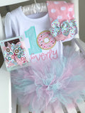 TWO Donut Birthday Shirt or Bodysuit for Girls, Donut Grow Up birthday shirt in pastel pink and mint - Darling Little Bow Shop