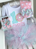 TWO Donut Birthday Shirt or Bodysuit for Girls, Donut Grow Up birthday shirt in pastel pink and mint - Darling Little Bow Shop