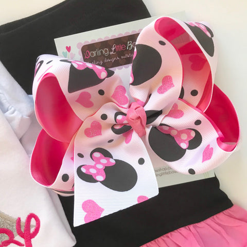 Miss Mouse Bow, pink, hot pink and black with glitter hearts and mouse ears in a large 6-7" bow -- optional headband - Darling Little Bow Shop