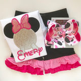 Miss Mouse Bow, pink, hot pink and black with glitter hearts and mouse ears in a large 6-7" bow -- optional headband - Darling Little Bow Shop