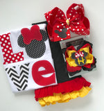 Classic Minnie red, yellow, black ruffle shorties - Darling Little Bow Shop