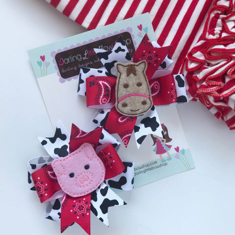 Farm Animal hairbows -- Cow and Horse Barnyard Bash theme hairbows choose single bow or pigtail set - Darling Little Bow Shop