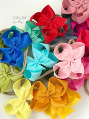 Nylon Bow Headband set of 5 colors, Bows on nude headbands -- CHOOSE bow colors -- basic 3", 4" , 5" or 6" bow with many color choices