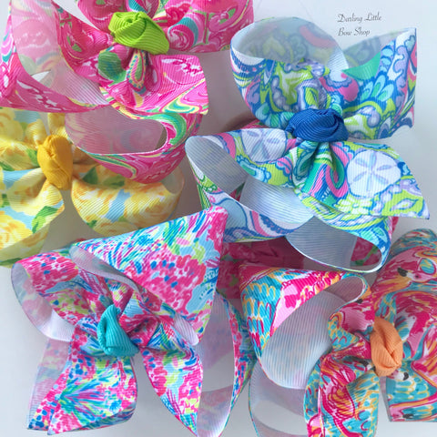 Lilly Pulitzer inspired bows hairbows 6 prints available -- choose 4", double stacked or 7" bows -- AMAZING quality handmade in Tennessee - Darling Little Bow Shop