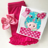 Floral Pig shirt or bodysuit for girls in bright pink and aqua blue - Darling Little Bow Shop