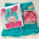 Floral Pig shirt or bodysuit for girls in bright pink and aqua blue - Darling Little Bow Shop
