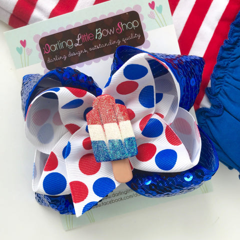 Bomb Pop bow, Popsicle Bow in sparkly red, white and blue - Darling Little Bow Shop