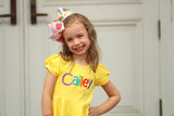 Back To School Dress for Girls, Twirly Dress in Buttercup with rainbow name - Darling Little Bow Shop