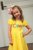 Back To School Dress for Girls, Twirly Dress in Buttercup with rainbow name - Darling Little Bow Shop