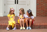 Back To School Dress for Girls, Twirly Dress in Buttercup with rainbow name - Darling Little Bow Shop