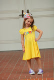 Back To School Dress for Girls, Twirly Dress in Buttercup with rainbow name - Darling Little Bow Shop
