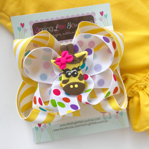 Giraffe hairbow in yellow and rainbow polka dots - 5" double bow - Darling Little Bow Shop