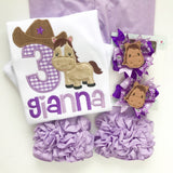 Cowgirl Birthday Shirt or bodysuit for girls, ANY AGE Horse theme birthday top in shades of purple - Darling Little Bow Shop