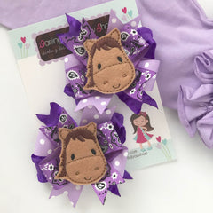 Horse Cowgirl purple hairbows choose single bow or pigtail set