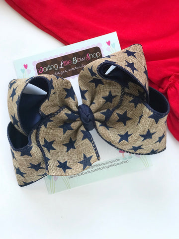 Burlap Bow for 4th of July, navy stars in burlap-look ribbon, choose 4-5" or 6" - Darling Little Bow Shop
