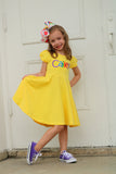 Back To School Dress for Girls, Twirly Dress in Buttercup with rainbow name - Darling Little Bow Shop