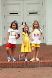 Back To School Dress for Girls, Twirly Dress in Buttercup with rainbow name - Darling Little Bow Shop