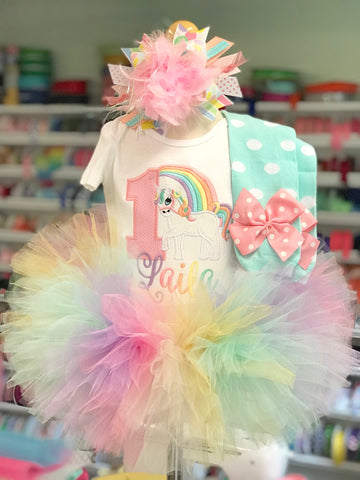 Unicorn Birthday Outfit, Pastel Rainbow Unicorn Tutu Outfit - Magical Birthday - unicorn bodysuit, leg warmers, tutu and bow - Darling Little Bow Shop