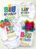 Big or Little Sister Shirt or Big Cousin Shirt -- personalized shirt in bright colors in hot pink, turquoise, green, yellow - Darling Little Bow Shop