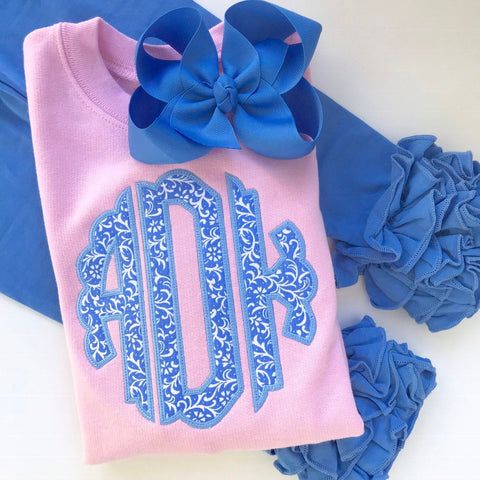Girl or Baby Girl Shirt or Bodysuit or pink sweatshirt with name - Ruffle Monogram, beautiful scalloped edge monogram in capri blue - Darling Little Bow Shop