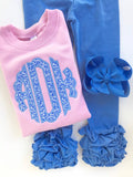 Girl or Baby Girl Shirt or Bodysuit or pink sweatshirt with name - Ruffle Monogram, beautiful scalloped edge monogram in capri blue - Darling Little Bow Shop