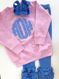 Girl or Baby Girl Shirt or Bodysuit or pink sweatshirt with name - Ruffle Monogram, beautiful scalloped edge monogram in capri blue - Darling Little Bow Shop