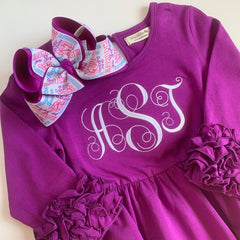 Ruffle Dress for Girls, Twirly Dress in gorgeous shade of plum purple - monogrammed dress size 12m to girls 10