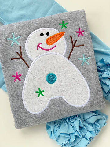 Snowman sweatshirt -  Snowman Play Days - alphabet sweatshirt with light blue, fuchsia, green and turquoise - Darling Little Bow Shop